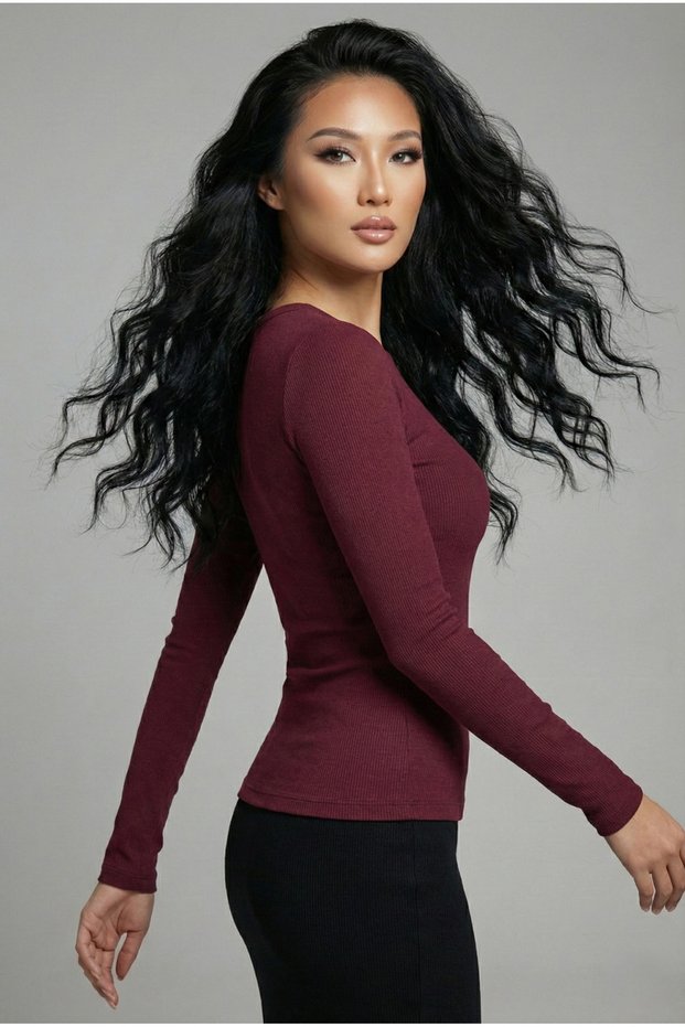 Makeni Women's Slim Fit Crew Neck Long Sleeve Stretchy Corset Top & Bodysuit - Burgundy