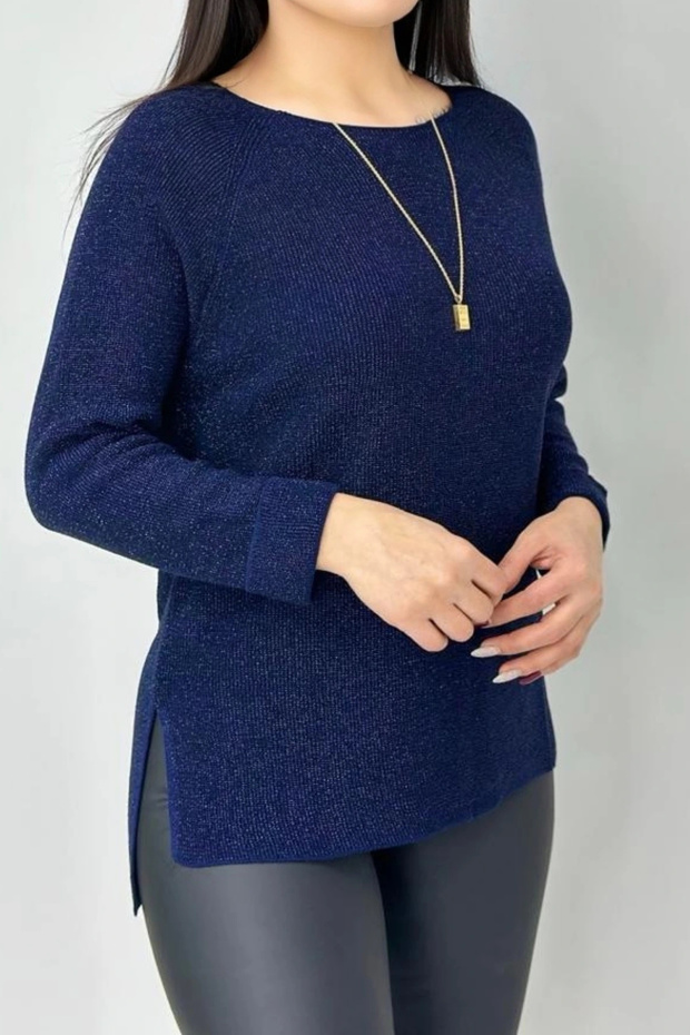 Women's Navy Blue Crew Neck Silvery Thin T-Shirt Double Sleeve Cuffed Blouse