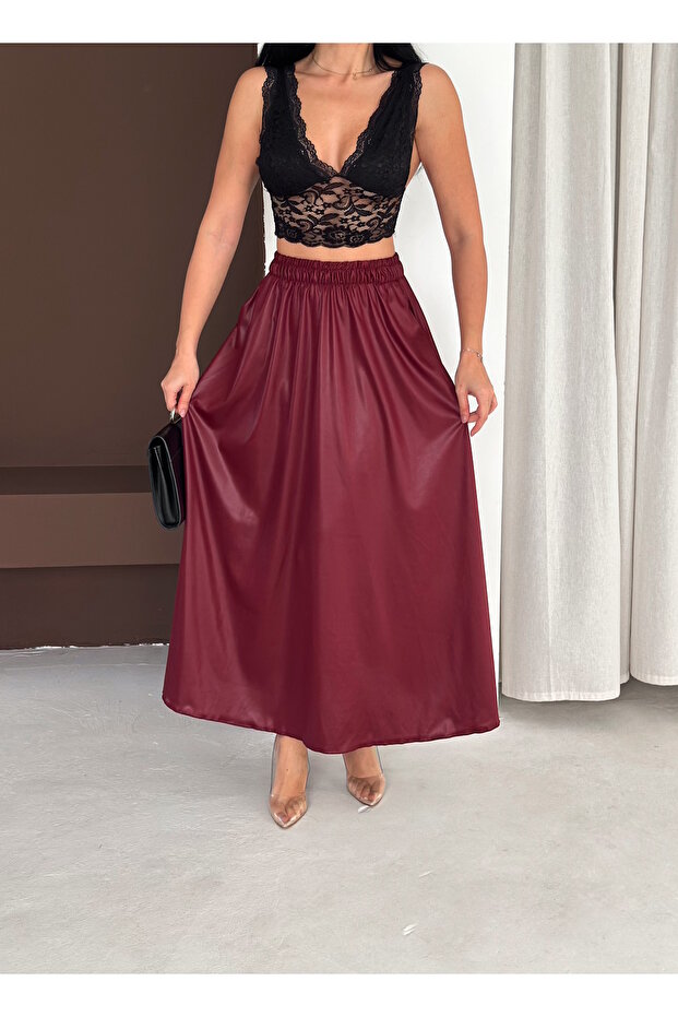 Women's Leather-Like Shiny Lacquer Fabric, Tan Color, Suitable Long Skirt with Pockets, Length 95 cm