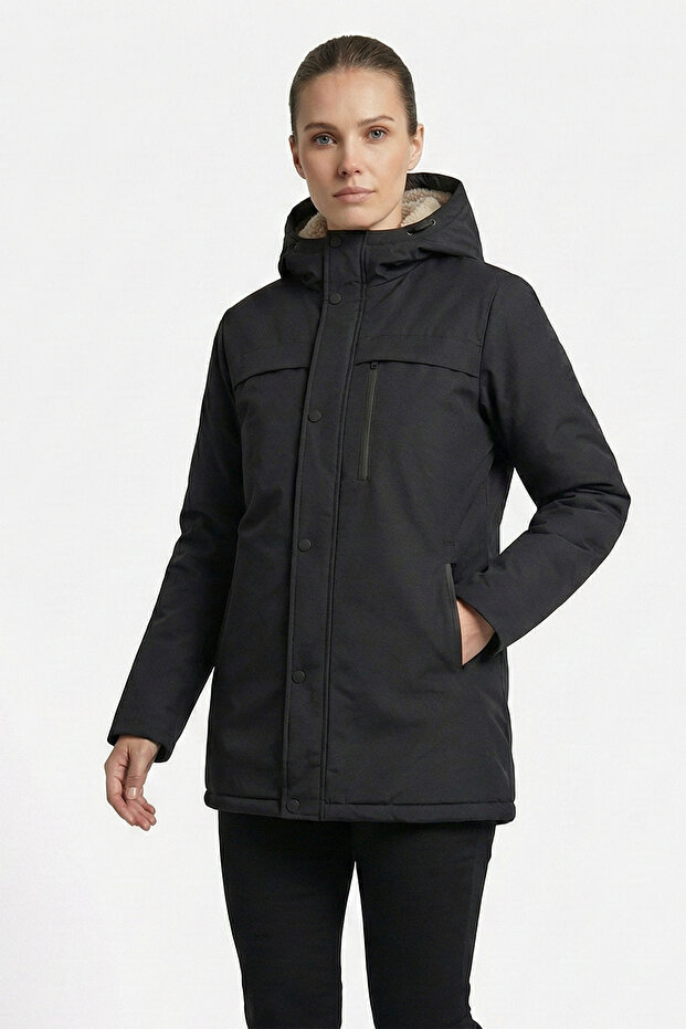 Women's Removable Hood Windproof Black Winter Coat Parka