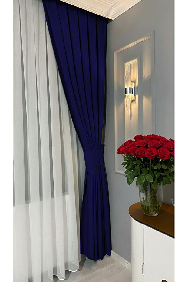 Light Navy Blue Pleated Velvety Background Curtain High Quality Single Wing