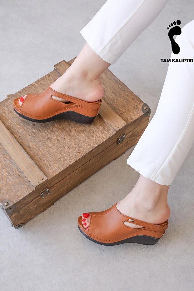 Genuine Leather Tan Women's Wedge Heel Slippers 972ZA1001