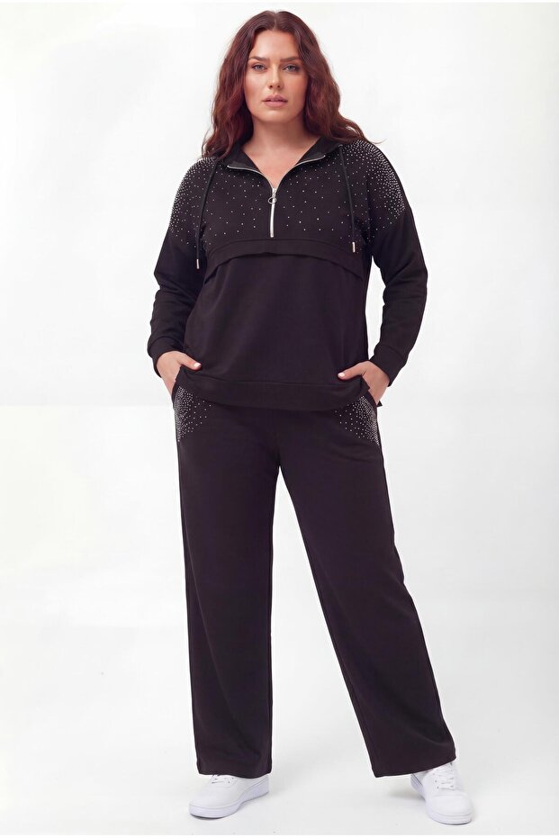 Women's Plus Sizestone Print Detailed Hooded Stylish Tracksuit Set
