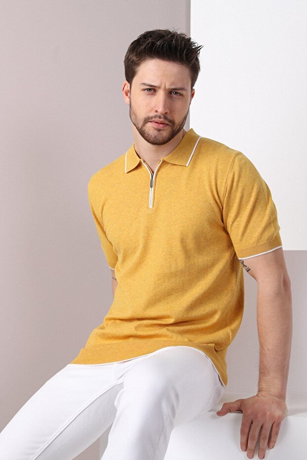 Red Collar Stripe Zippered Men's Cotton Knitwear T-Shirt