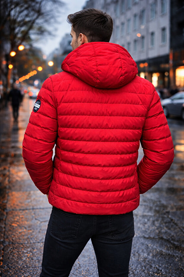 Erkek Kırmızı Kapüşonlu Şişme Mont - 3