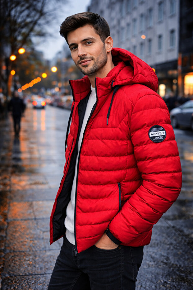 Erkek Kırmızı Kapüşonlu Şişme Mont - 2