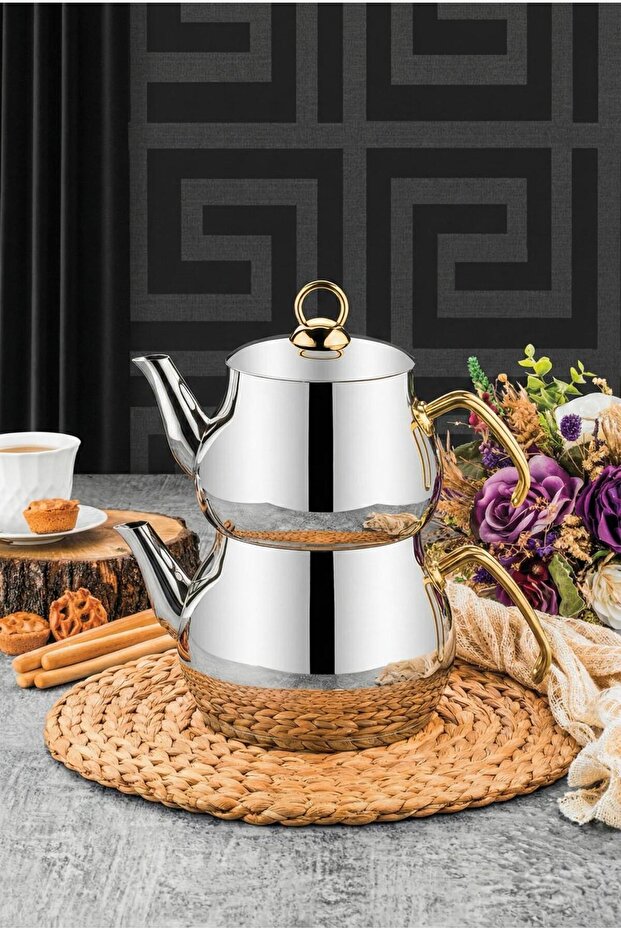طقم إبريق شاي دورو صغير الحجم ذهبي اللون