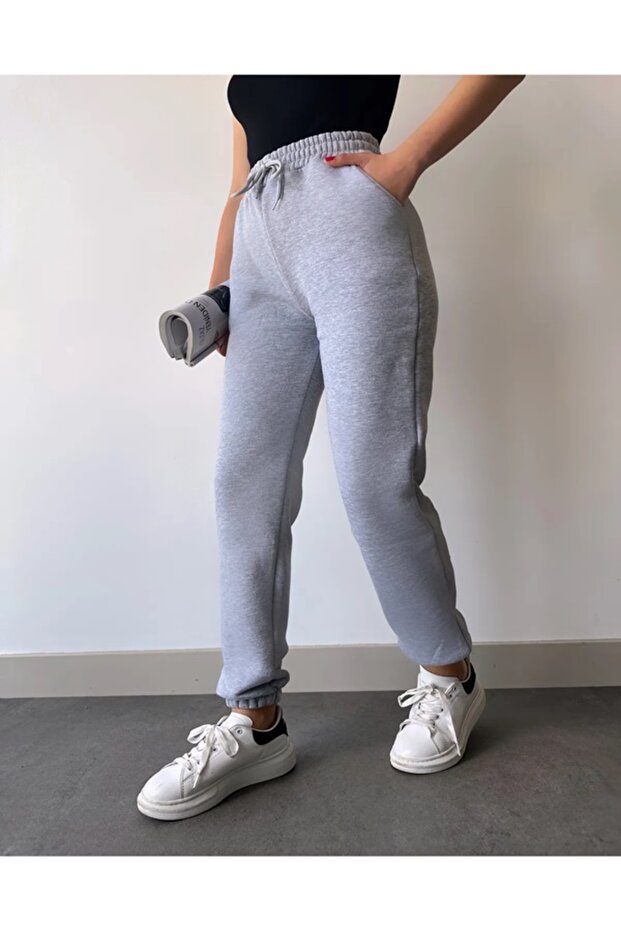 Gray Basic Jogger Knitted Sweatpants with Fleece Inside 2 threads - 1