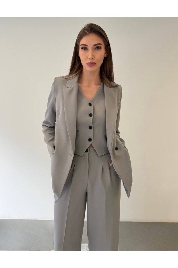 Limitált kiadású női kabát, mellény, Palazzo nadrág szürke 3 részes szett – Irodai és stílusos összeállítás - 5