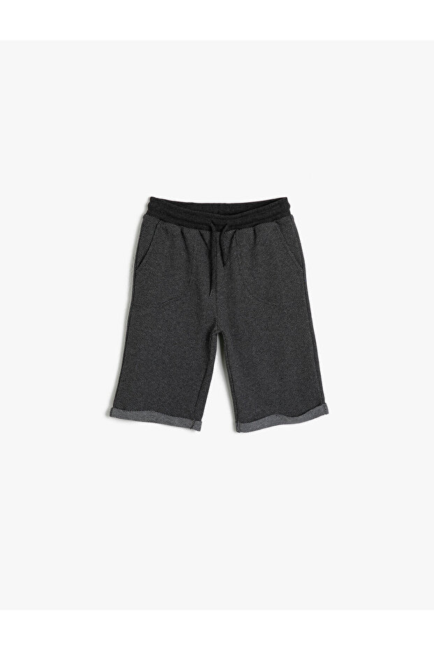Boy's Pique Fabric Black Shorts with Ribbed Waist