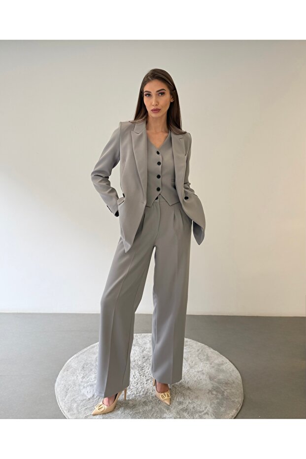 Limitált kiadású női kabát, mellény, Palazzo nadrág szürke 3 részes szett – Irodai és stílusos összeállítás - 2