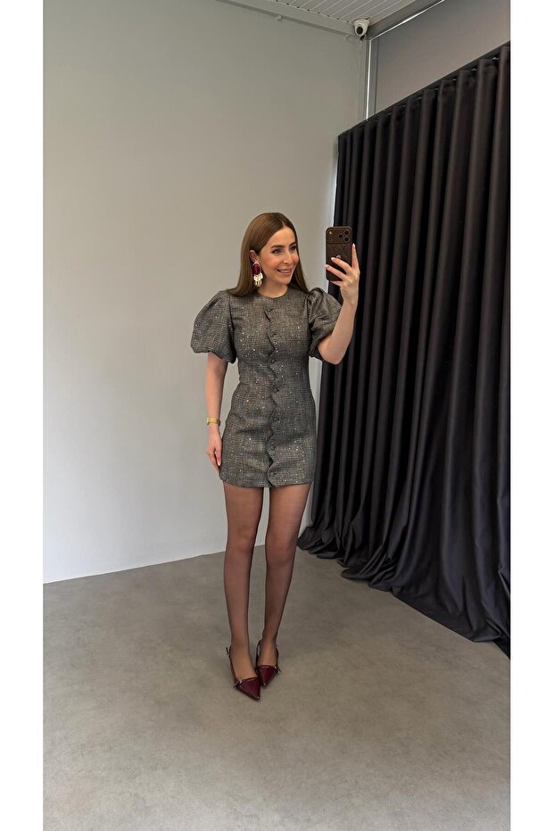 Kopi Pullu Elbise Gri - 4