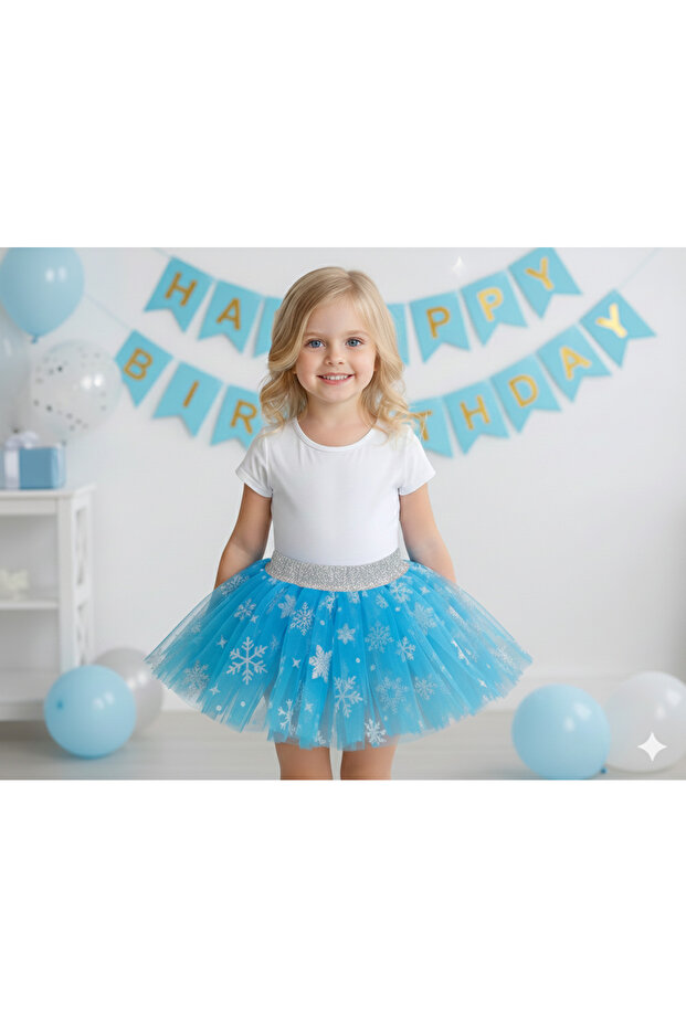 Combed Cotton Lined Silver Glitter Snowflake Printed Ice Blue Tutu Skirt
