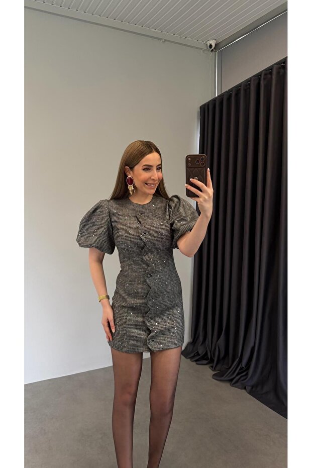 Kopi Pullu Elbise Gri - 2