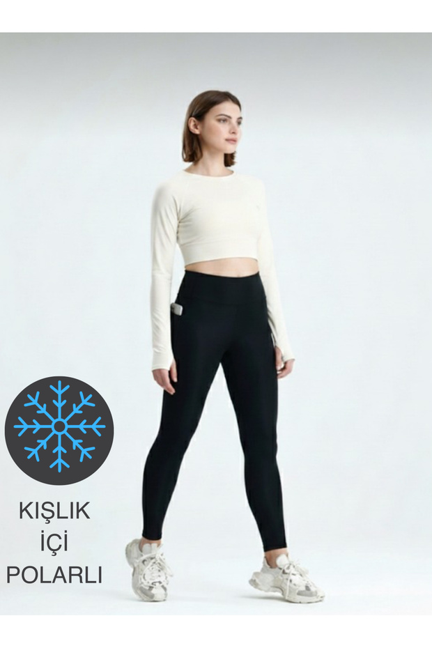 Női fekete, magas derekú, téli, polár bélésű leggings zsebekkel - 2