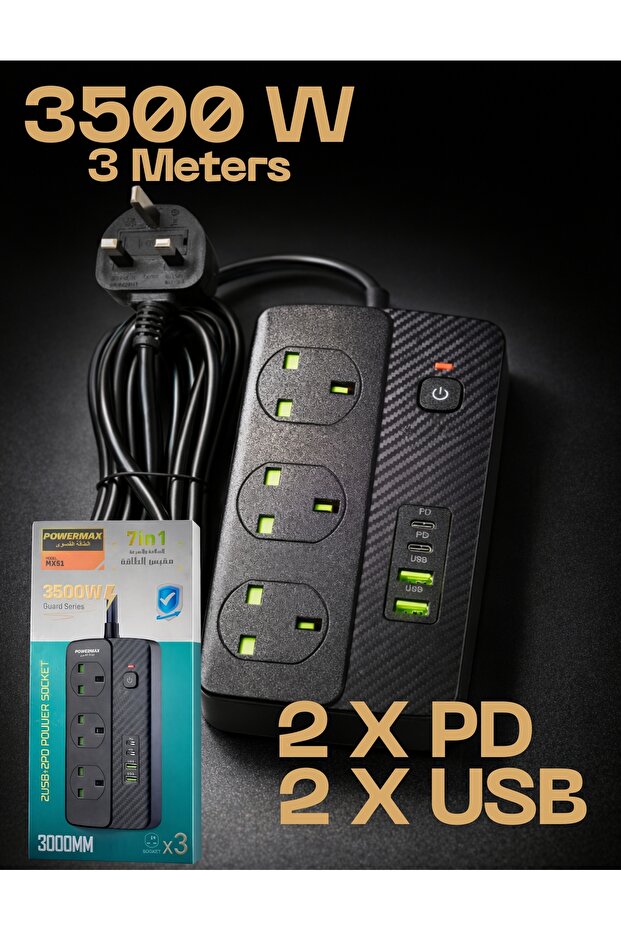 شريط تمديد طاقة بقوة 3500 واط مع 3 منافذ عالمية، شحن سريع USB بتقنية PD و QC3.0، سلك تمديد متين بطول 3 أمتار، حماية من التيار المفاجئ للمنزل والمكتب وإعدادات الألعاب
