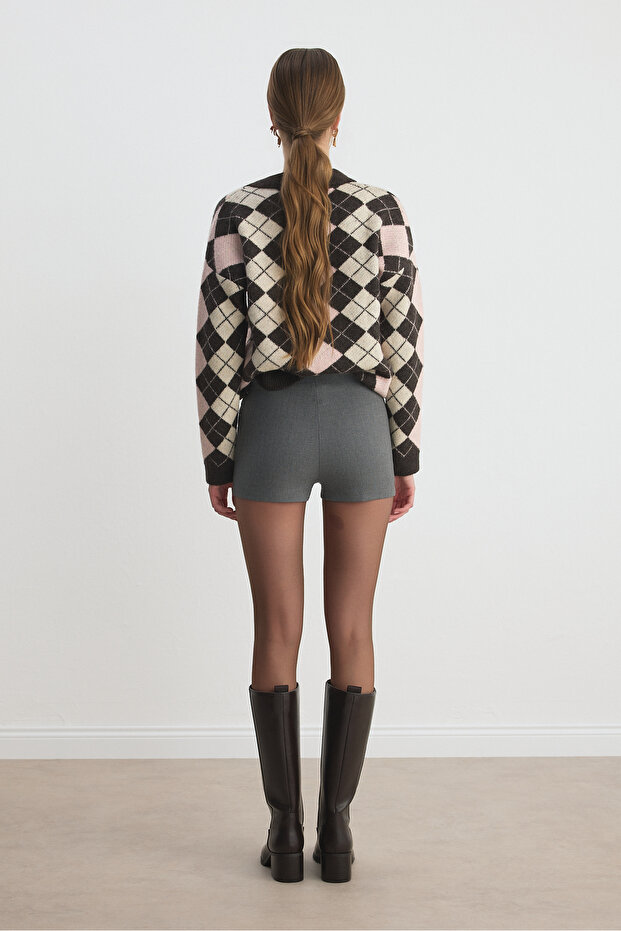 Gri Yüksek Bel Şort - 4