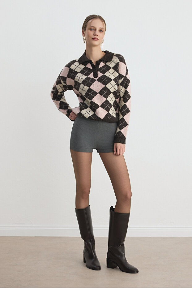 Gri Yüksek Bel Şort - 6