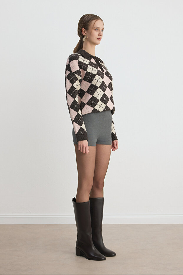 Gri Yüksek Bel Şort - 2