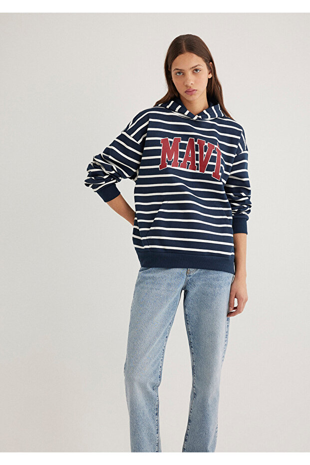 Logo Printed Navy Blue Striped Sweatshirt 1S10118-81518