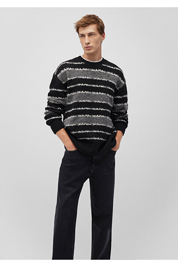Wool Blended Striped Black Sweater Loose Fit / Loose Relaxed Fit 0710235 -900