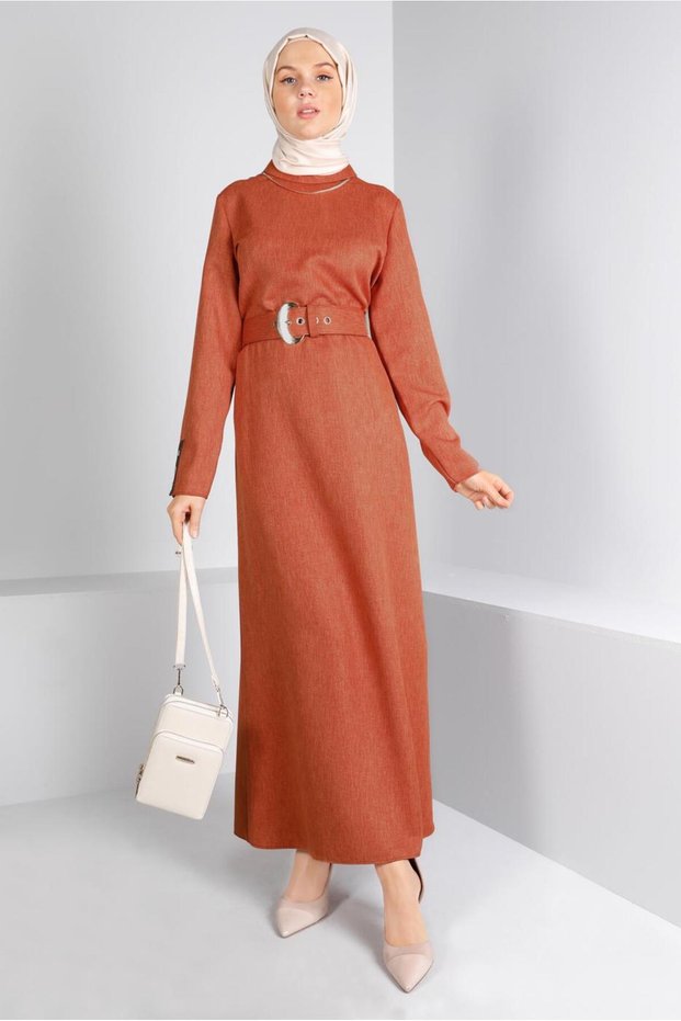 BELTED BUTTON DETAILED DRESS 43383