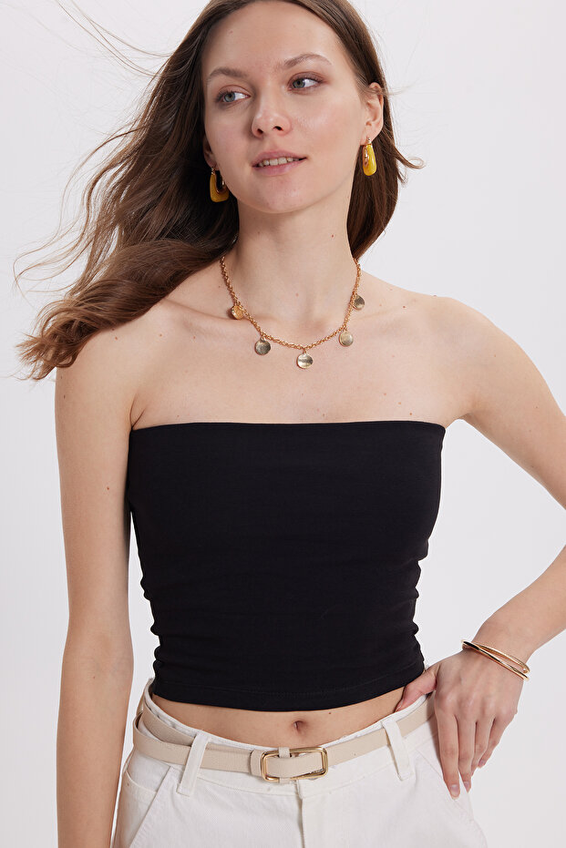 Woman Slim Fit slim fit cotton strapless black blouse
