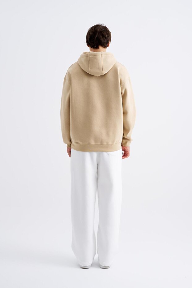 Erkek Oversize Basic Kapüşonlu Sweatshirt Bej - 6