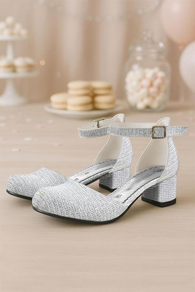 Merida Silver Glitter Thick Heeled Girl's Heeled Shoes