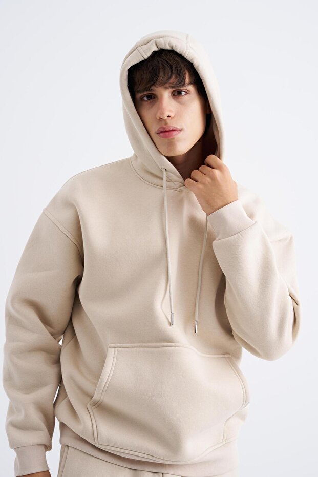 Erkek Oversize Basic Kapüşonlu Sweatshirt Açık Bej - 1