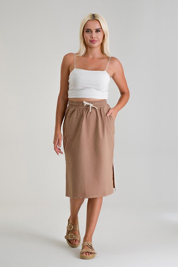 Women's Slit Corduroy Cotton Woven Fabric Skirt Camel