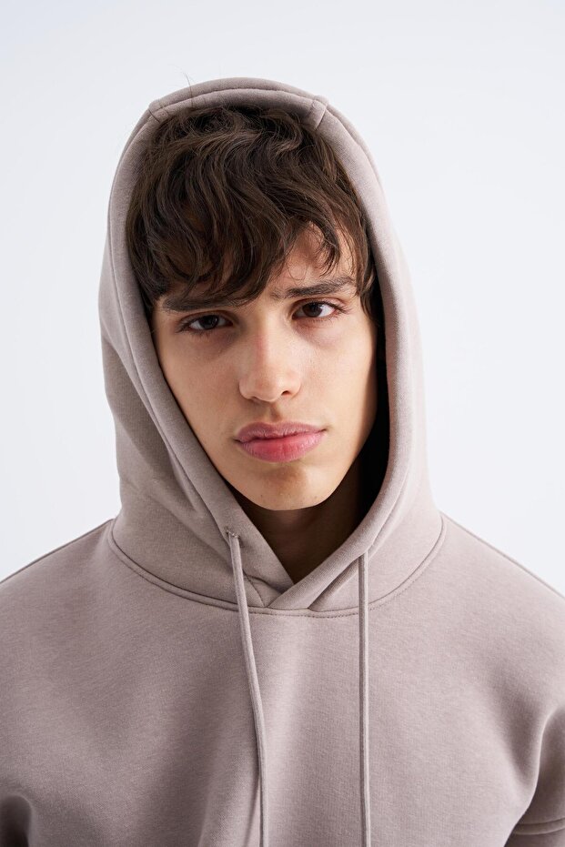 Erkek Oversize Basic Kapüşonlu Sweatshirt Açık Gri - 2