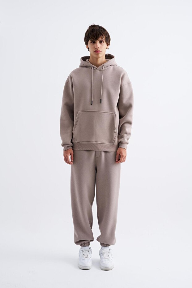 Erkek Oversize Basic Kapüşonlu Sweatshirt Açık Gri - 4