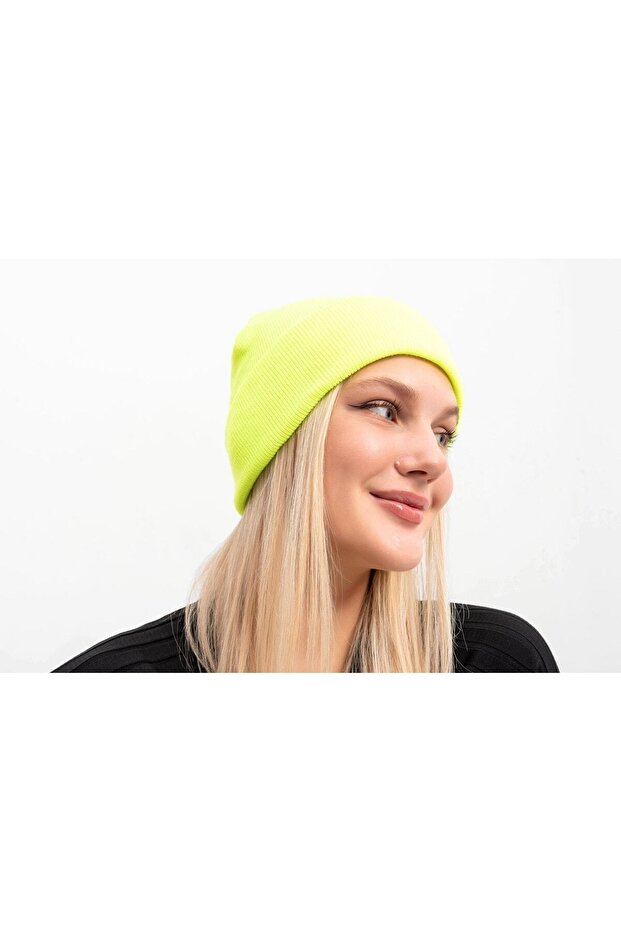 Neon Yeşil Triko Unisex Basic Bere - 3