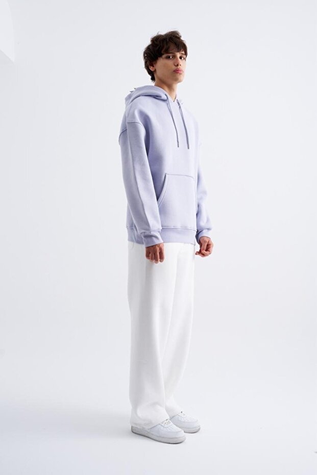 Erkek Oversize Basic Kapüşonlu Sweatshirt Açık Lila - 4