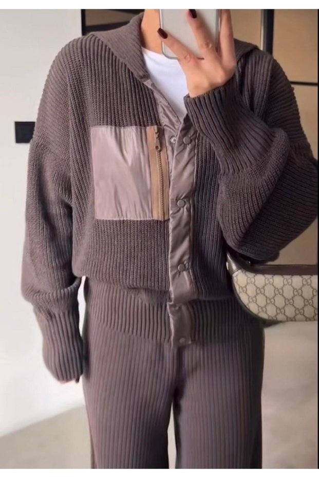 Women's Snap Detailed Oversized Piece Knitwear Set with Pockets Cardigan & F Corded Fabric Pants Set Two-Piece Set