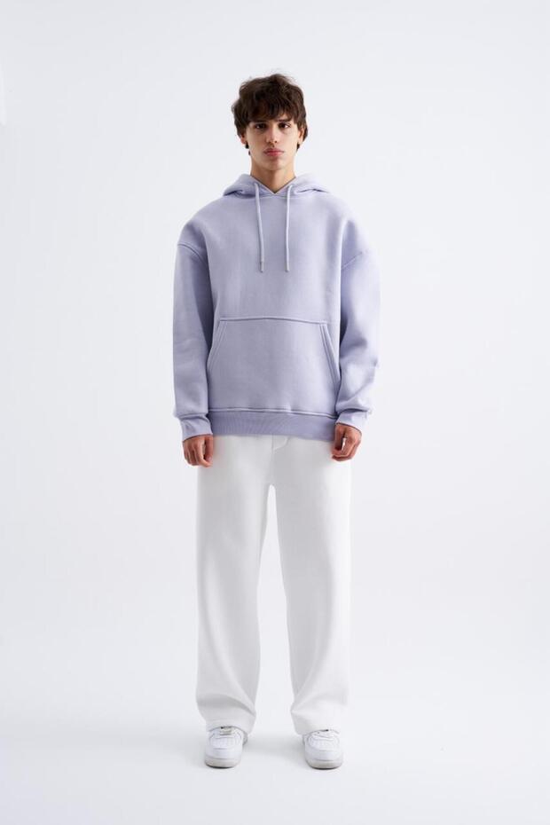 Erkek Oversize Basic Kapüşonlu Sweatshirt Açık Lila - 3
