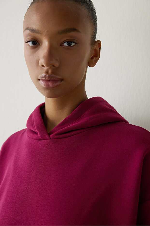 Mor Kapüşonlu Oversize Sweatshirt - 5