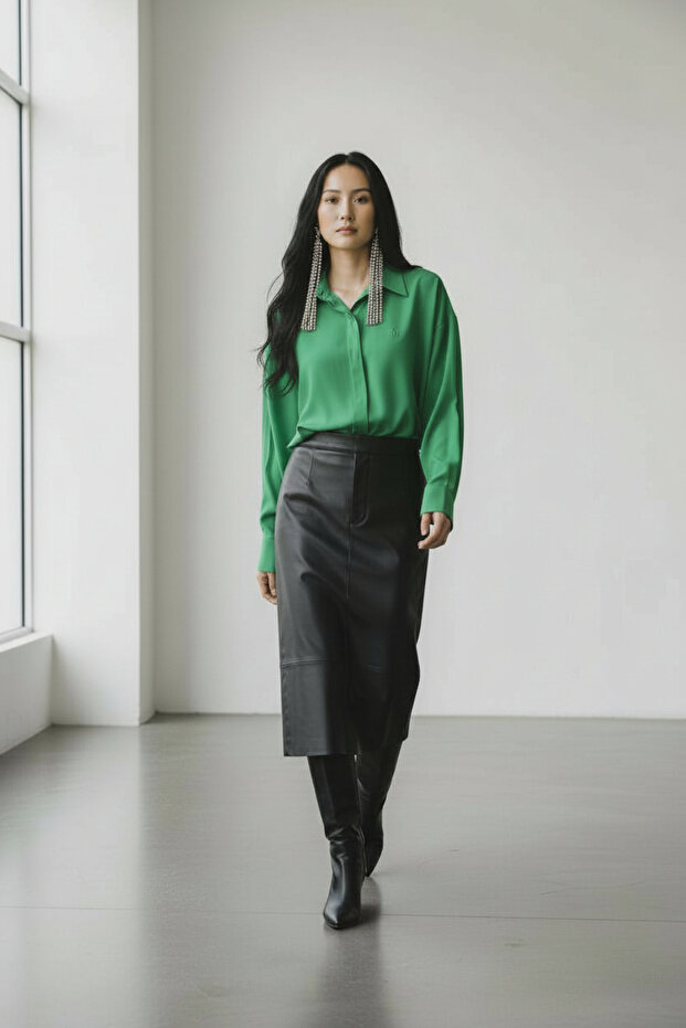 Kadın Yeşil Oversize Basic Uzun Gömlek - 1