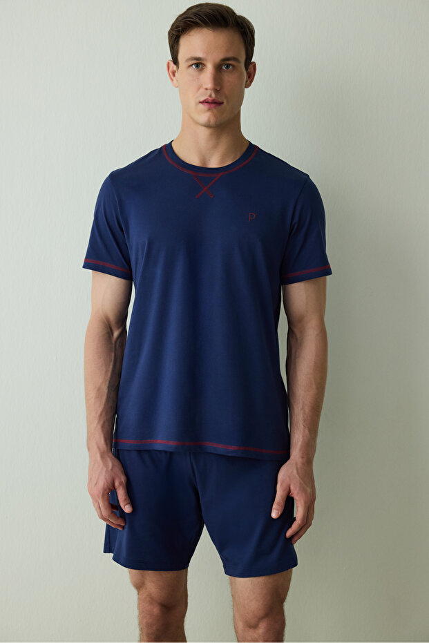 Indigo Men's Navy Star Crew Neck Cotton Shorts Pajama Set