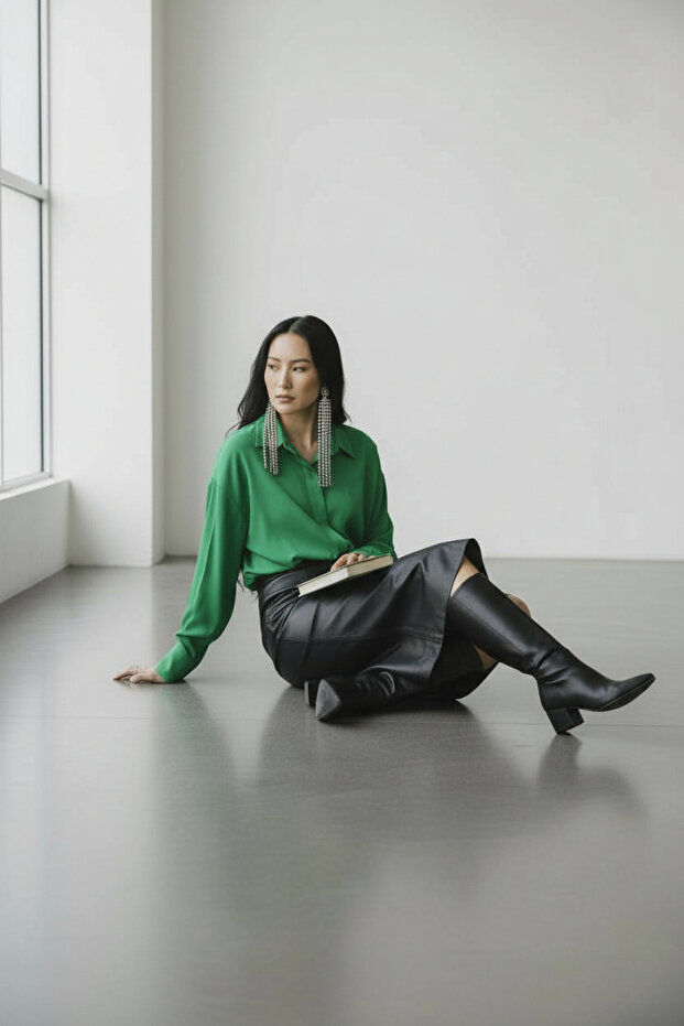 Kadın Yeşil Oversize Basic Uzun Gömlek - 2