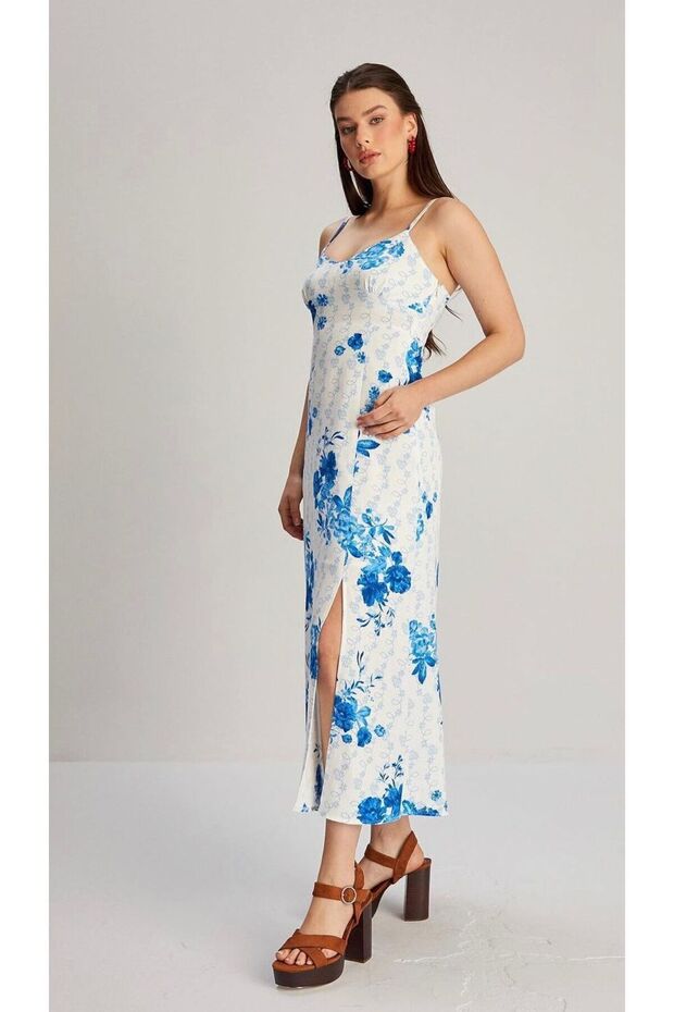 Mavi Askılı Desenli Elbise - 5