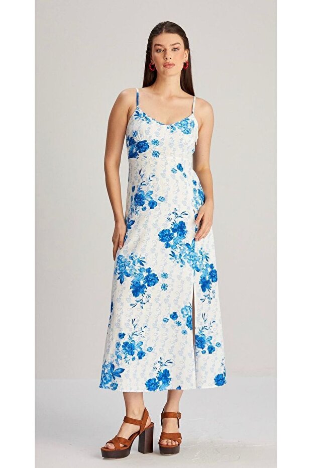 Mavi Askılı Desenli Elbise - 4