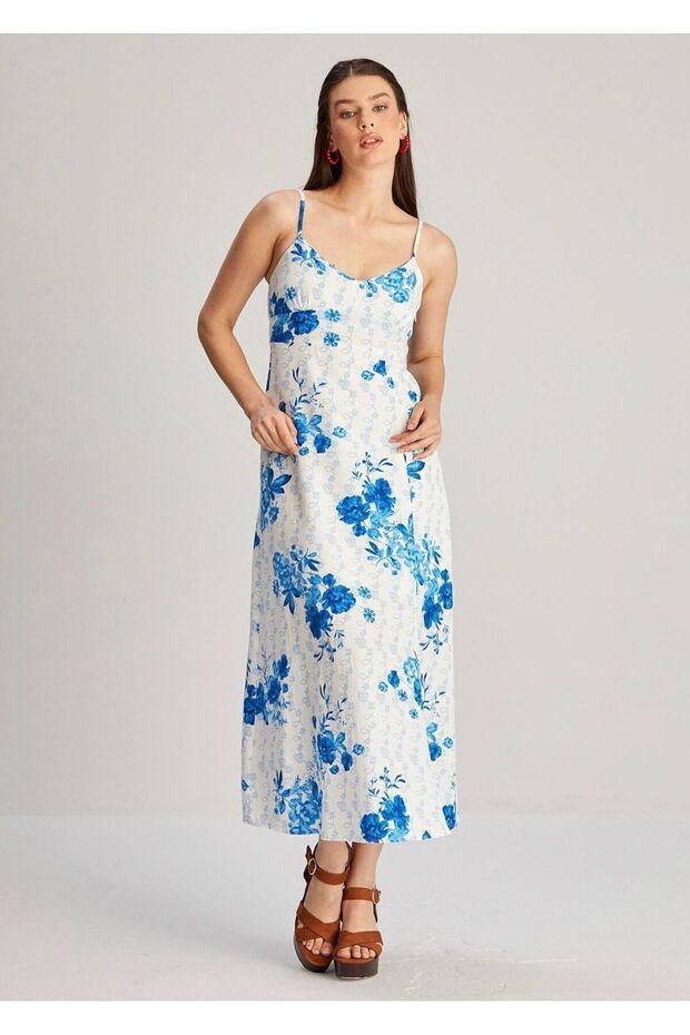 Mavi Askılı Desenli Elbise - 6