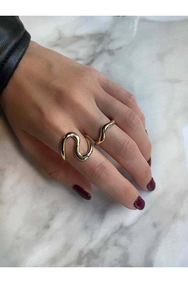خاتم ذهبي لامع قابل للتعديل مكون من قطعتين - 1