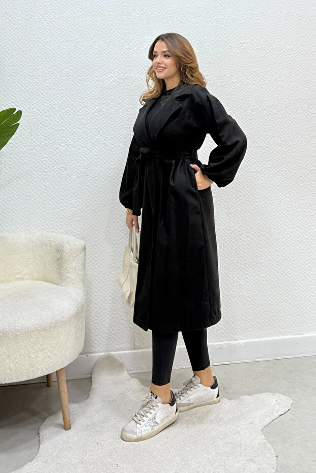 Women's Balloon Sleeve Unlined Belted Coat - Black
