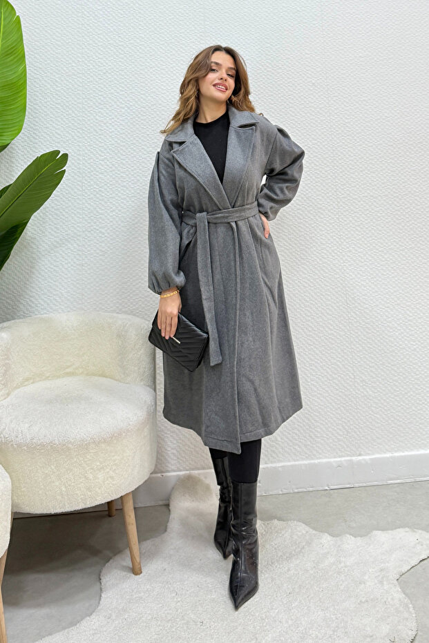 Women's Balloon Sleeve Unlined Belted Coat - Smoked