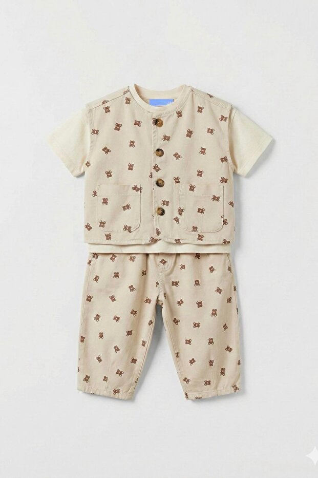 Unisex Children's Cotton Beige Teddy Bear Patterned Buttoned Pocket Vest Pants Set