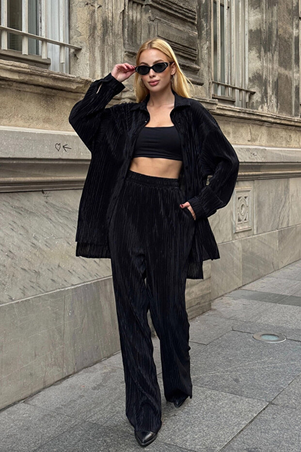 Shirt and Palazzo Pants Woven Bottom Top Set Black