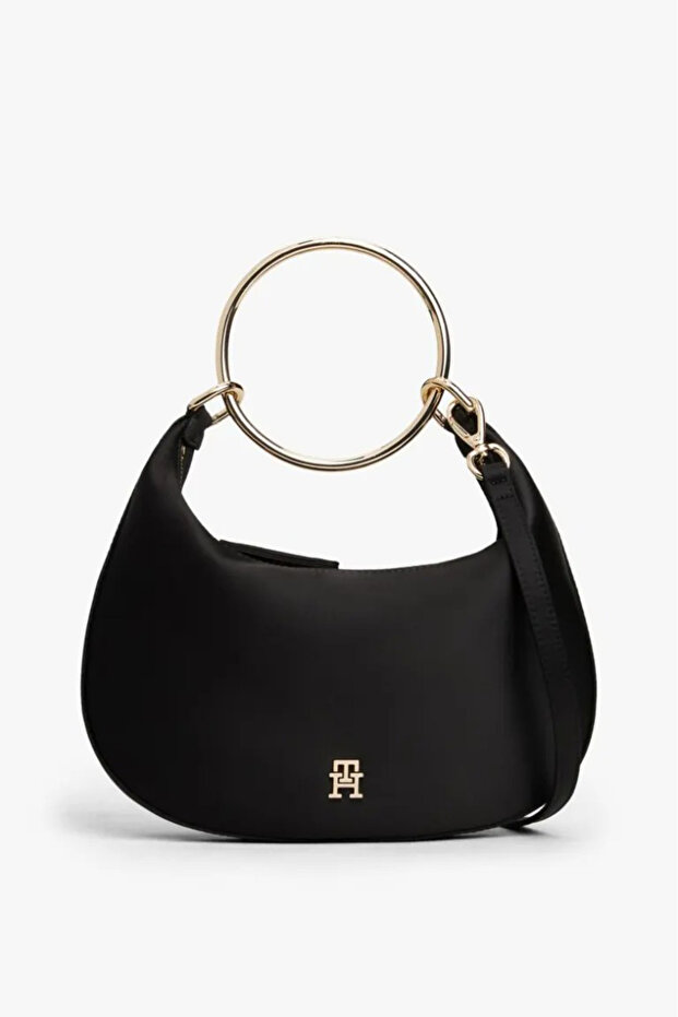 Women's Bright Bracelet Hobo Metal Ring Handle Satin Shoulder Bag - Black
